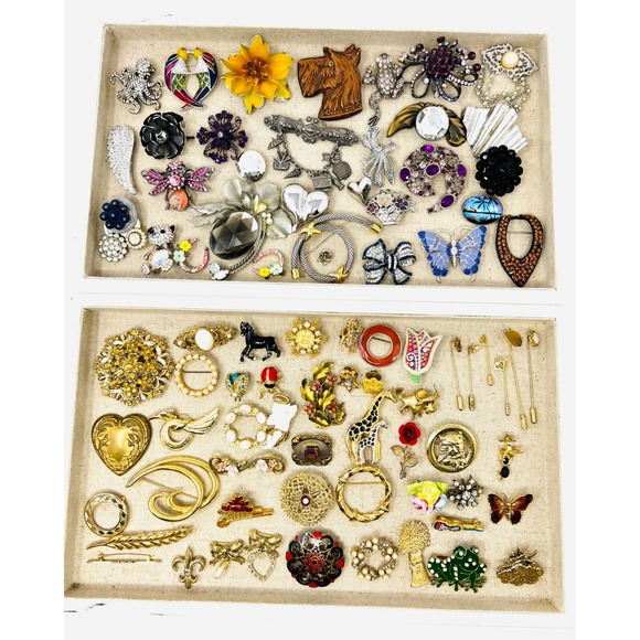 Vintage & Modern Gold & Silver Tone Assorted Rhinestone Floral Brooch Lot Of